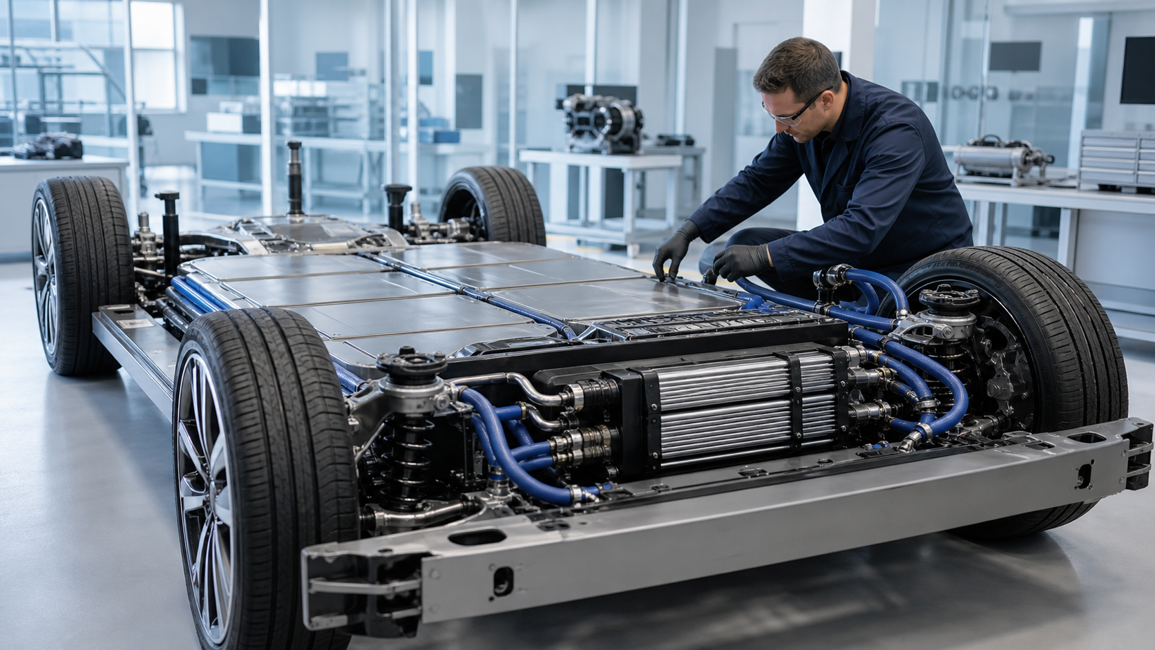 EV Platform Cooling Systems Explained in a realistic automotive scene