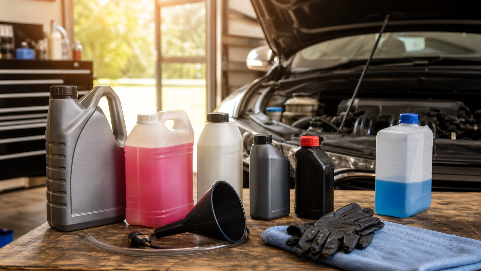 Vehicle Fluids Explained: When to Change Every Fluid in Your Car in a realistic automotive scene