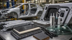 Editorial automotive image showing vehicle body panels and material samples on a workshop bench for Automotive Materials Explained: How Modern Cars Are Really Built