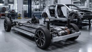 Editorial automotive image showing bare unbranded chassis in a development workshop for Chassis and Platform Design Explained: How Modern Cars Are Really Built