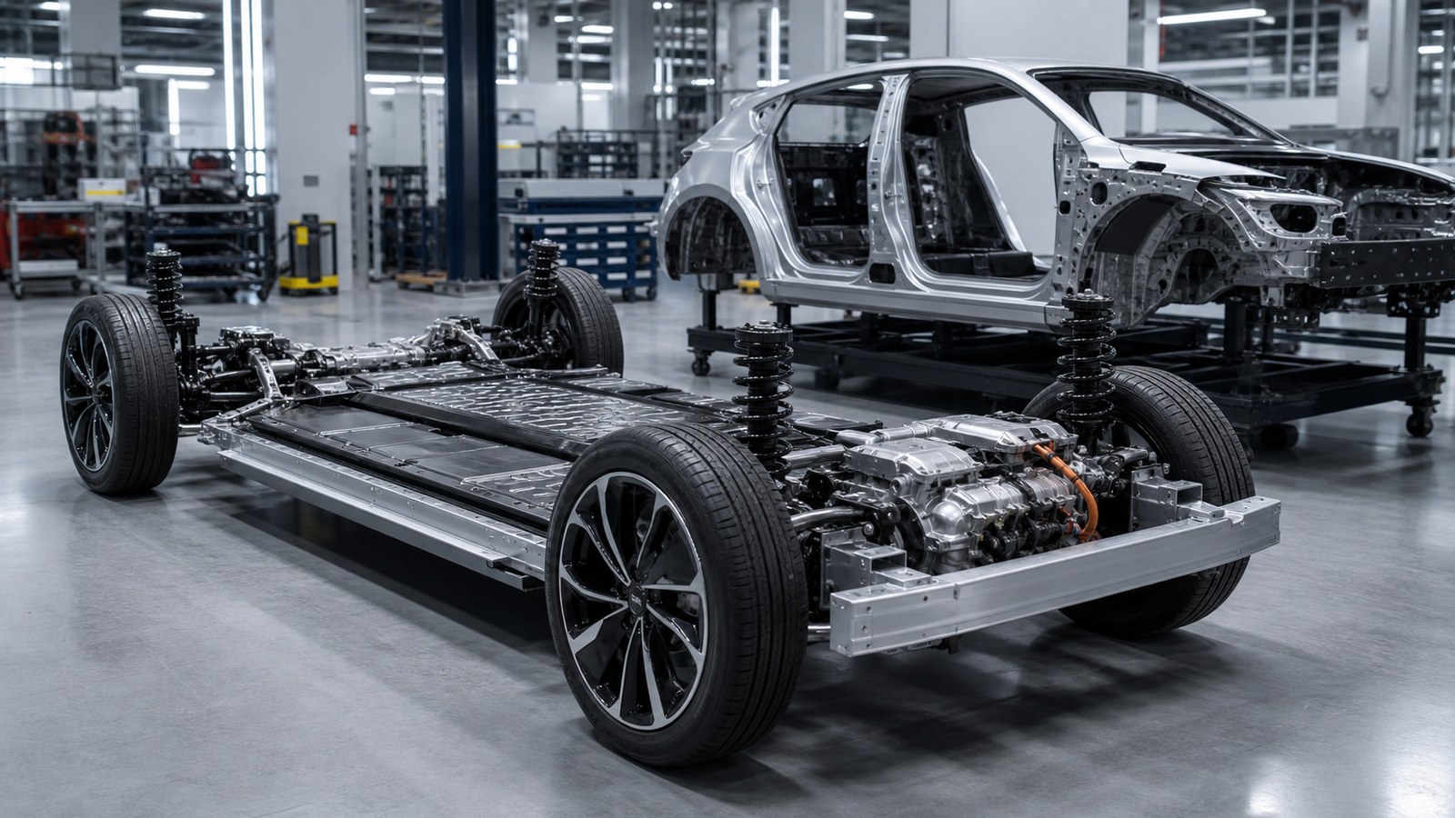 Editorial automotive image showing bare unbranded chassis in a development workshop for Chassis and Platform Design Explained: How Modern Cars Are Really Built