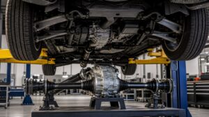 Editorial automotive image showing drivetrain hardware visible beneath a vehicle on a lift for Drivetrain Systems Explained: How Modern Cars Are Really Built