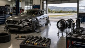 Editorial automotive image showing instrumented unbranded vehicle in a proving-ground lane for Engineering Benchmarks Explained: How Modern Cars Are Really Built