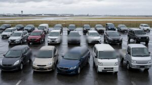 Editorial automotive image showing mixed unbranded vehicle types parked near an international shipping area for Global Vehicle Categories Explained: How Modern Cars Are Really Built