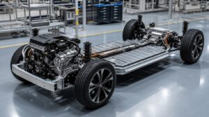 Editorial automotive image showing rolling chassis and powertrain components in an engineering bay for Powertrain Architectures Explained: How Modern Cars Are Really Built