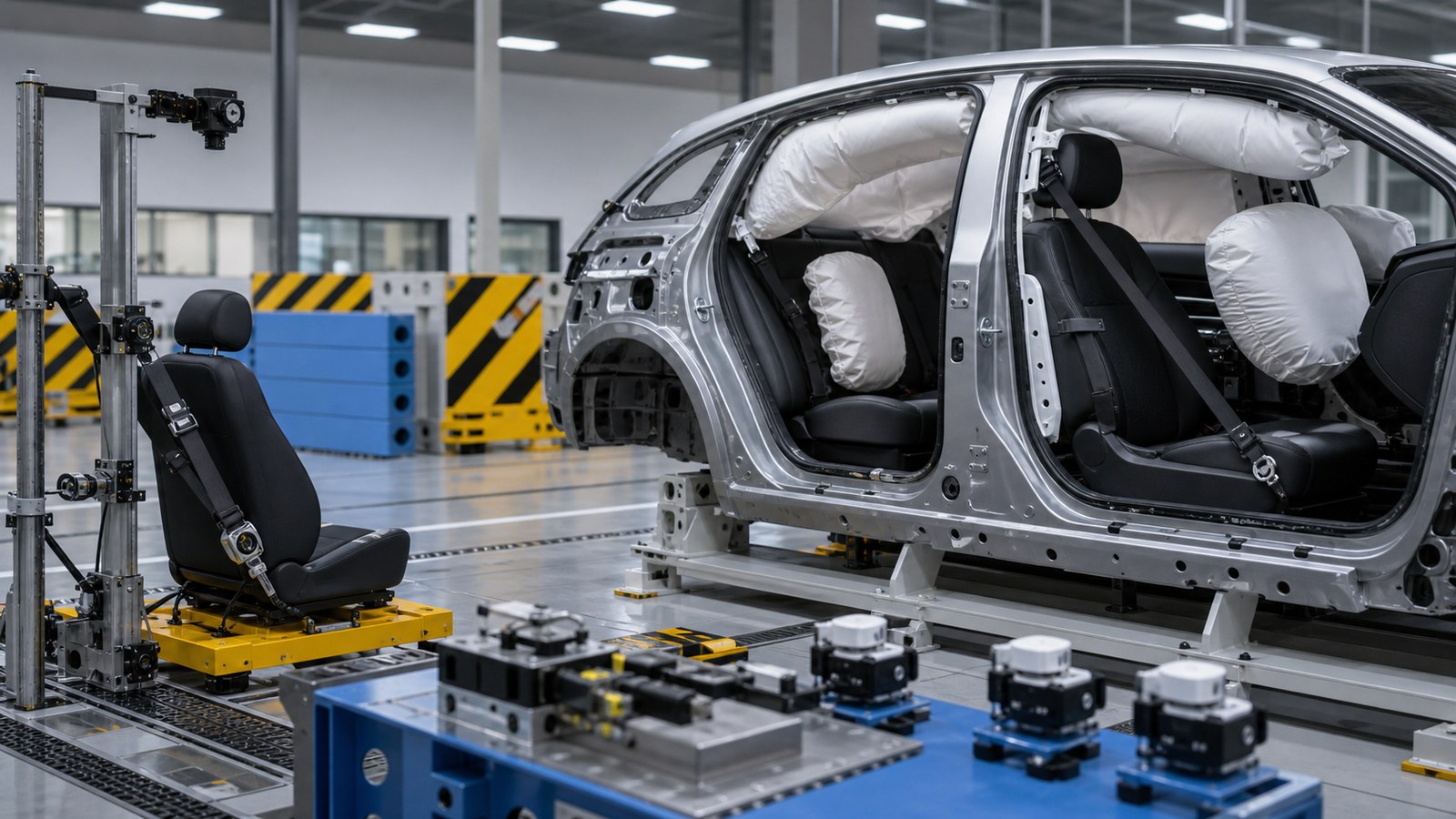 Editorial automotive image showing unbranded car in a clean safety test preparation facility for Safety Systems and Standards Explained: How Modern Cars Are Really Built