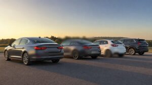 Editorial automotive image showing unbranded vehicles compared in a real-world parking setting for Sedans, Coupes, Hatchbacks, and SUVs: Every Major Segment Explained