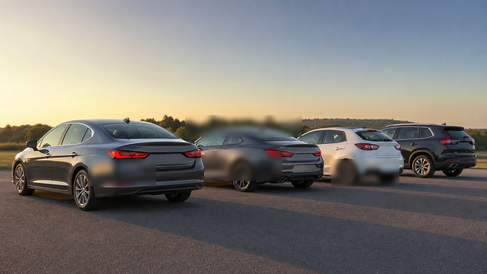 Editorial automotive image showing unbranded vehicles compared in a real-world parking setting for Sedans, Coupes, Hatchbacks, and SUVs: Every Major Segment Explained