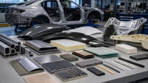 Editorial automotive image showing vehicle body panels and material samples on a workshop bench for The Complete Guide to Automotive Materials: What Every Driver Should Know