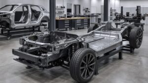 Editorial automotive image showing bare unbranded chassis in a development workshop for The Complete Guide to Chassis and Platform Design: What Every Driver Should Know