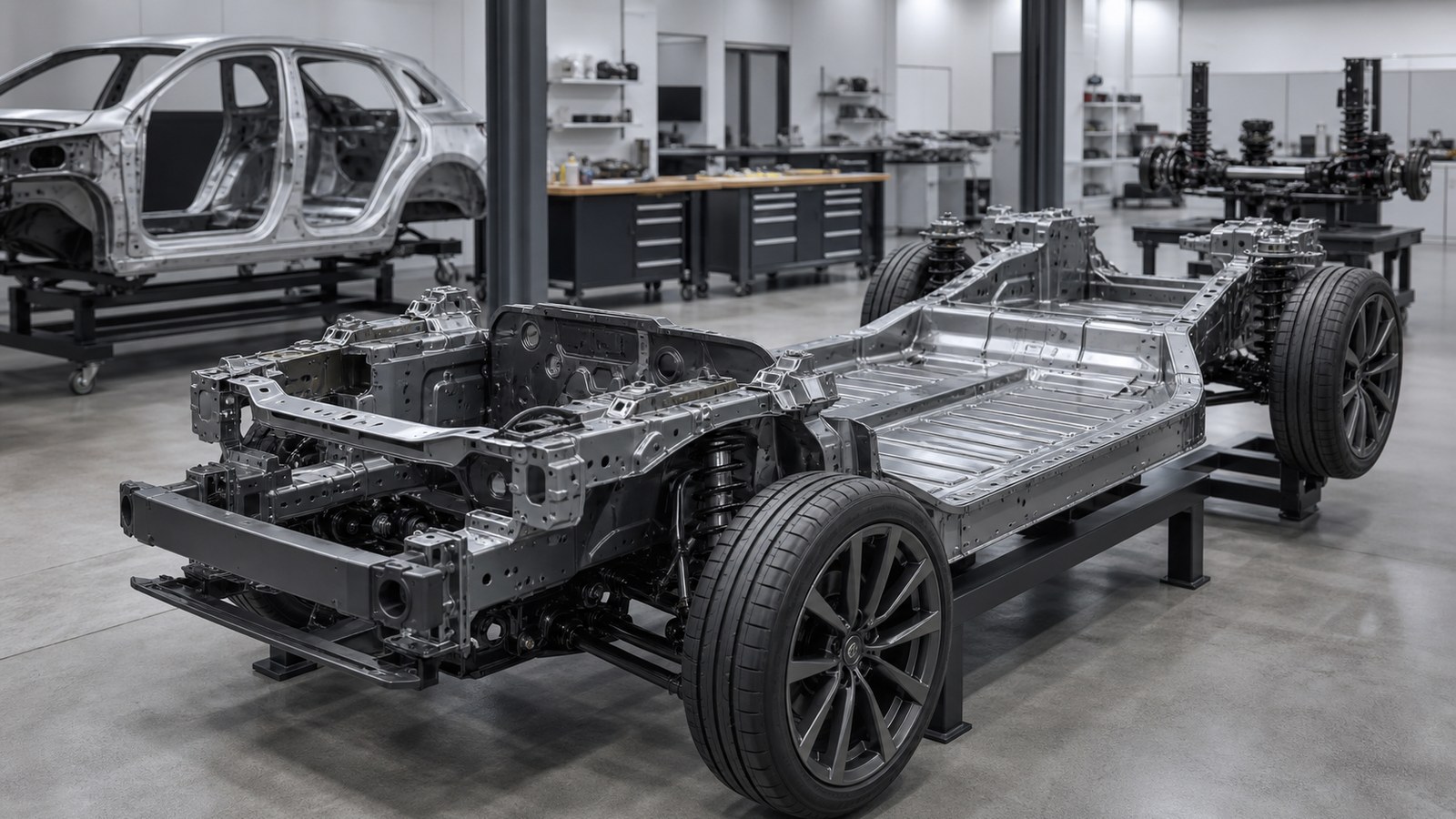 Editorial automotive image showing bare unbranded chassis in a development workshop for The Complete Guide to Chassis and Platform Design: What Every Driver Should Know