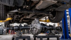 Editorial automotive image showing drivetrain hardware visible beneath a vehicle on a lift for The Complete Guide to Drivetrain Systems: What Every Driver Should Know