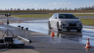 Editorial automotive image showing instrumented unbranded vehicle in a proving-ground lane for The Complete Guide to Engineering Benchmarks: What Every Driver Should Know