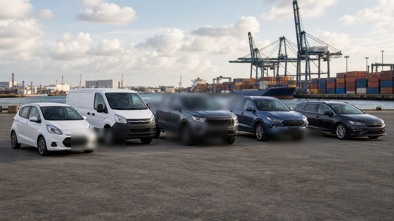 Editorial automotive image showing mixed unbranded vehicle types parked near an international shipping area for The Complete Guide to Global Vehicle Categories: What Every Driver Should Know