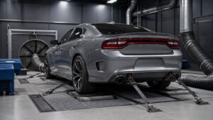 Editorial automotive image showing unbranded vehicle on chassis dynamometer without readable screens for The Complete Guide to Horsepower and Torque Science: What Every Driver Should Know