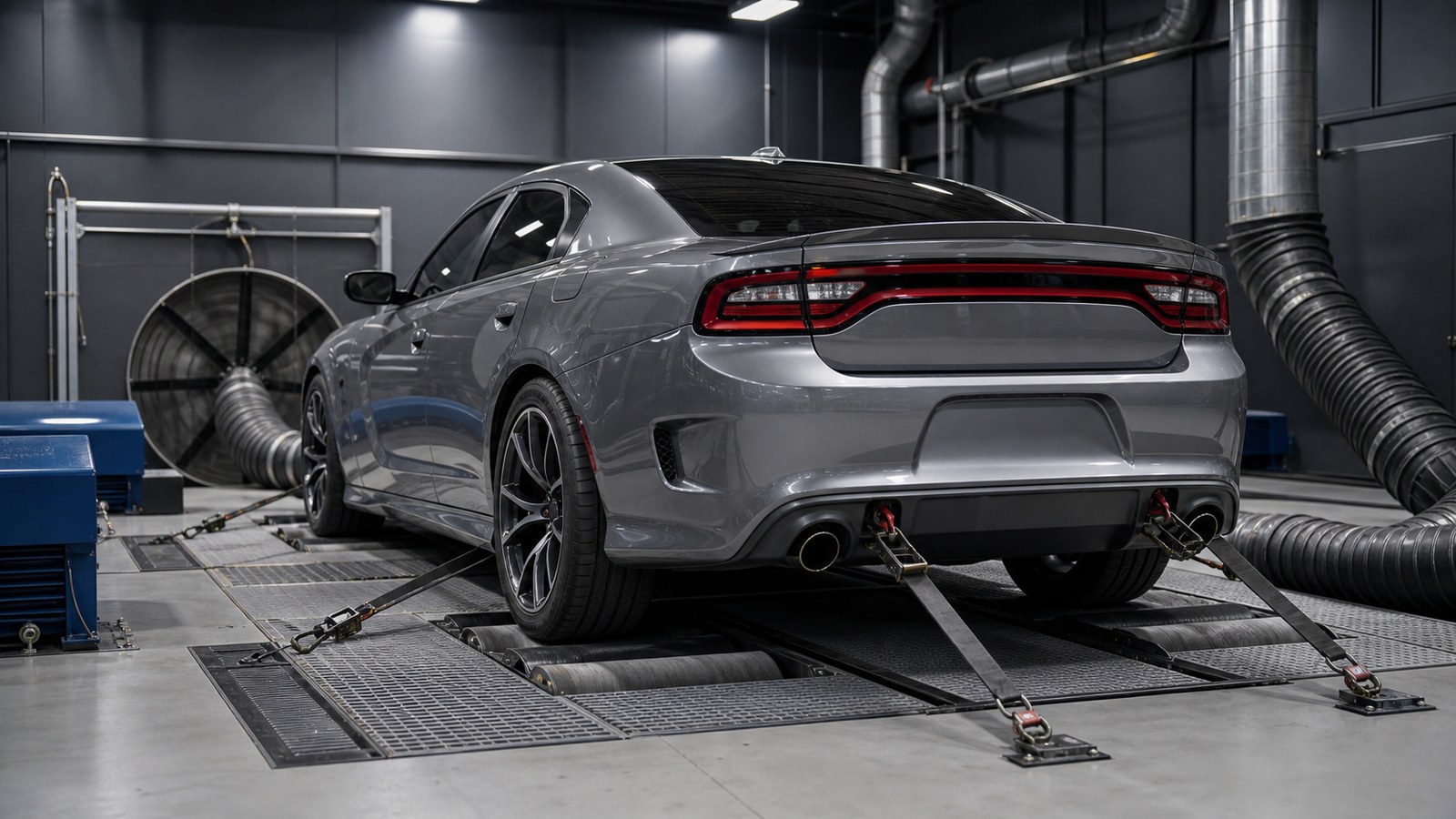 Editorial automotive image showing unbranded vehicle on chassis dynamometer without readable screens for The Complete Guide to Horsepower and Torque Science: What Every Driver Should Know