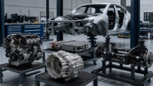 Editorial automotive image showing rolling chassis and powertrain components in an engineering bay for The Complete Guide to Powertrain Architectures: What Every Driver Should Know