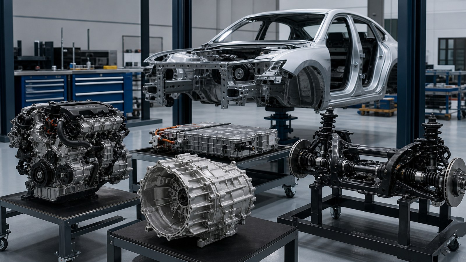 Editorial automotive image showing rolling chassis and powertrain components in an engineering bay for The Complete Guide to Powertrain Architectures: What Every Driver Should Know