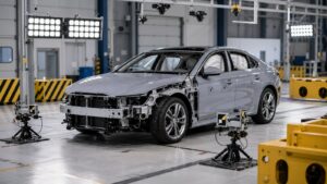 Editorial automotive image showing unbranded car in a clean safety test preparation facility for The Complete Guide to Safety Systems and Standards: What Every Driver Should Know