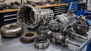 Editorial automotive image showing transmission assembly on a clean technical workbench for The Complete Guide to Transmission Systems: What Every Driver Should Know