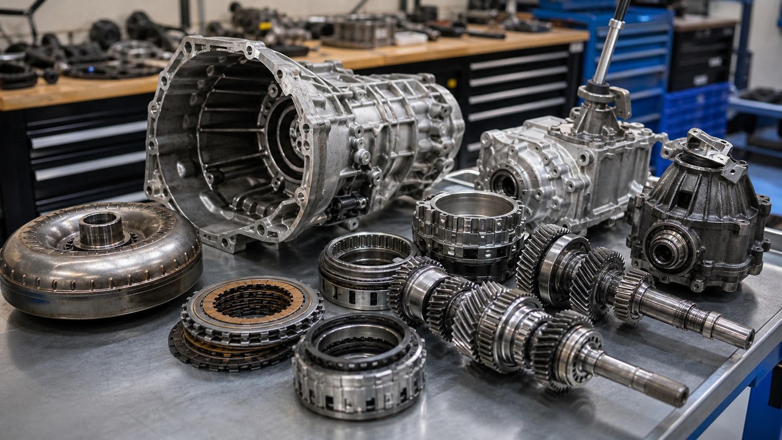 Editorial automotive image showing transmission assembly on a clean technical workbench for The Complete Guide to Transmission Systems: What Every Driver Should Know