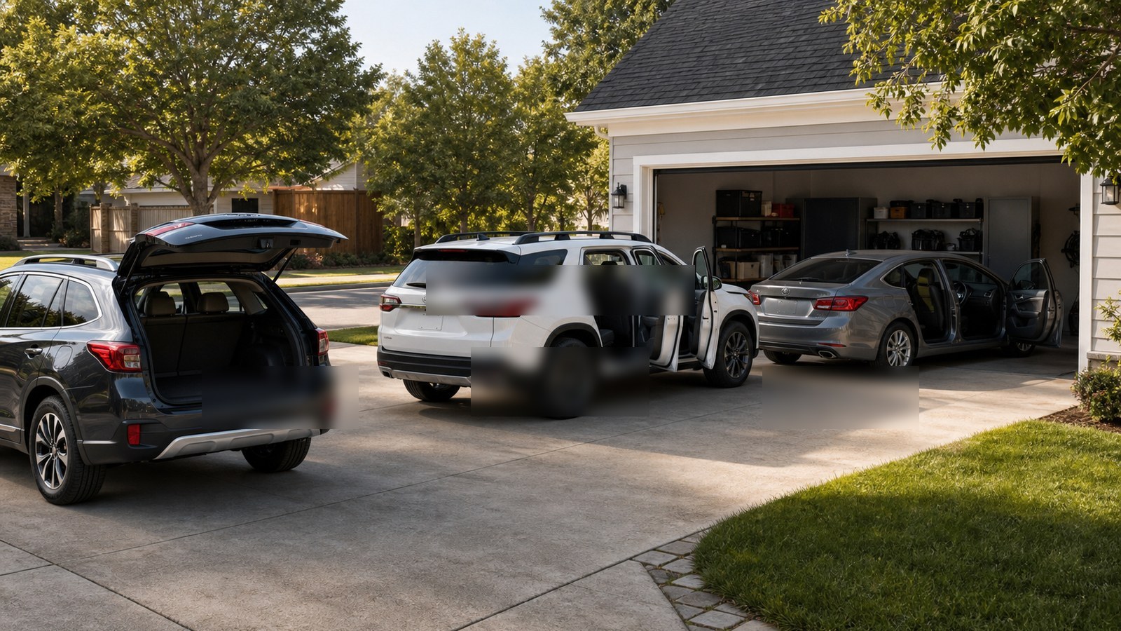 Editorial automotive image showing vehicles positioned in a garage and driveway to show scale for The Complete Guide to Vehicle Dimensions and Layouts: What Every Driver Should Know