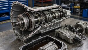 Editorial automotive image showing transmission assembly on a clean technical workbench for Transmission Systems Explained: How Modern Cars Are Really Built