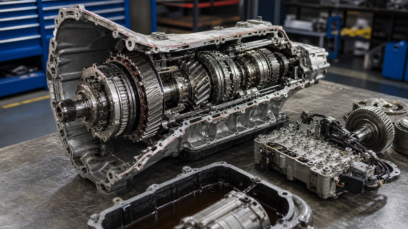 Editorial automotive image showing transmission assembly on a clean technical workbench for Transmission Systems Explained: How Modern Cars Are Really Built