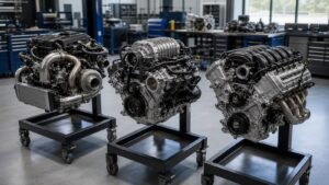 Editorial automotive image showing clean unbranded engine on a workshop stand for Turbocharged, Supercharged, and Naturally Aspirated Engines Compared