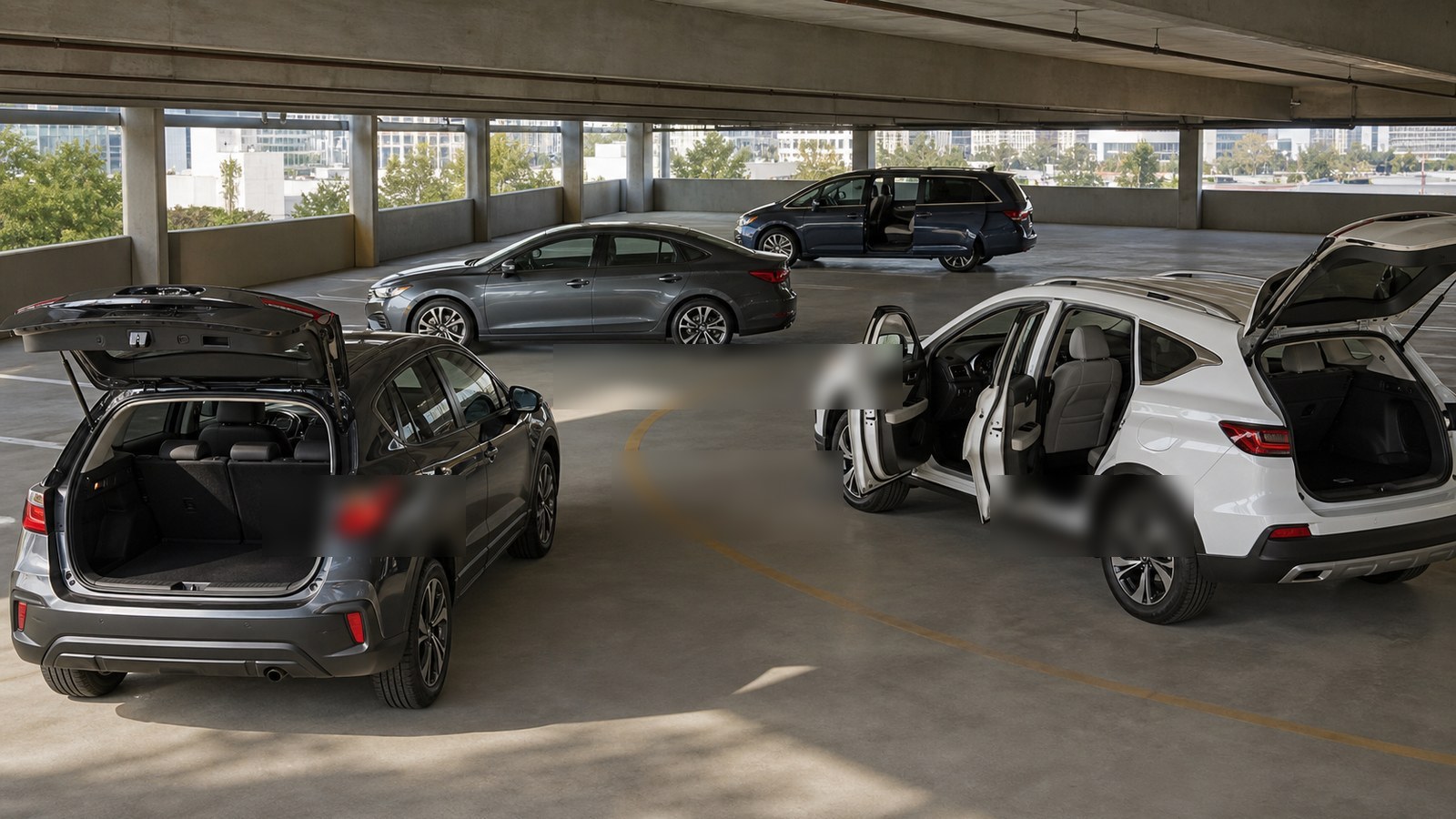 Editorial automotive image showing vehicles positioned in a garage and driveway to show scale for Vehicle Dimensions and Layouts Explained: How Modern Cars Are Really Built