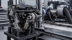 Editorial automotive image showing clean unbranded engine on a workshop stand for Why Small Engines Can Make Big Power in Modern Cars